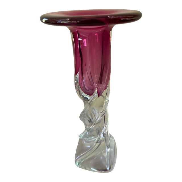 1970s Fine Art Glass Cranberry Twisted Crystal Vase/Candleholder For Sale