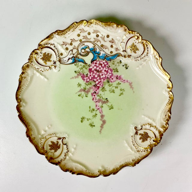 Mint Late 1900s Antique French Victorian Hollywood Regency Limoges Pink Wisteria Dessert Plates and Platter - Set of 7 For Sale - Image 8 of 12