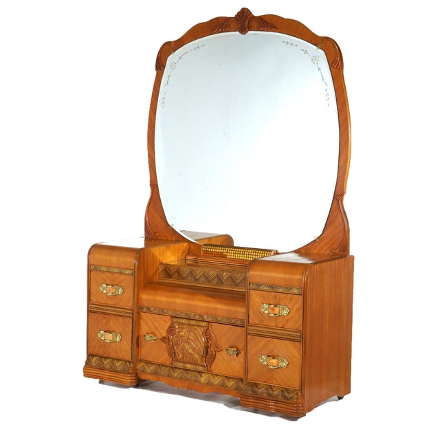 Fine Vintage Waterfall Carved Satinwood Dressing Table with Bakelite Handles, Faux Painted Border, Bookmatched Facing,...