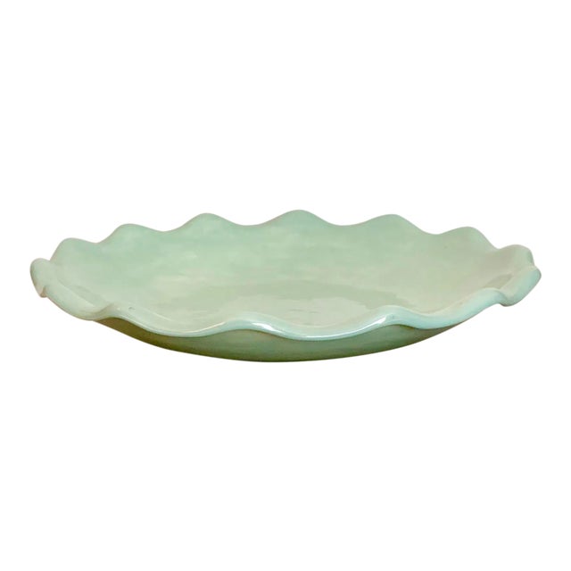 Turquoise Studio Scalloped Centerpiece Bowl, Artist Signed For Sale