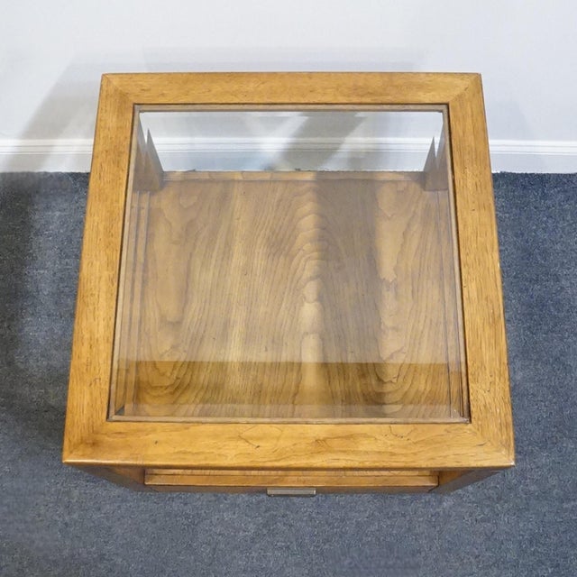 Late 20th Century Drexel Heritage Woodbriar Collection Pecan Rustic European 26" Square Accent End Table W. Glass Top 988-342 For Sale - Image 5 of 14