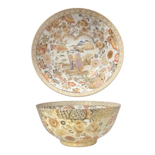 Antique Japanese Satsuma Large Meiji Gold Trimmed Decorative Bowl Butterflies Geisha For Sale