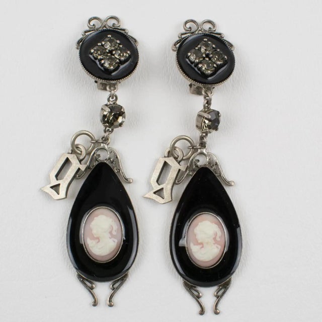 1980s John Galliano Victorian Style Cameo and Black Enamel Clip Earrings For Sale - Image 5 of 8