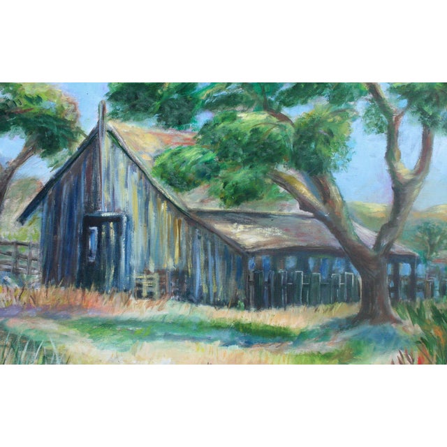 Colorful and idyllic impressionist oil painting of an old wooden barn surrounded by trees by Redwood City, California...