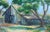 Colorful and idyllic impressionist oil painting of an old wooden barn surrounded by trees by Redwood City, California...