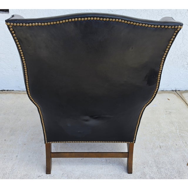 Classic Georgian Chippendale Black Leather Wingback Library Gentlemans Armchair For Sale In Miami - Image 6 of 16