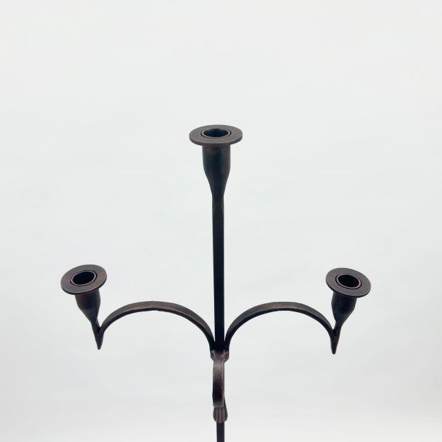 2020s Hand Forged Iron Floor Candelabra 50″ (126cm) Antique Copper Patina 3-Arm Slim Corner Design Rustic Decor For Sale - Image 5 of 8