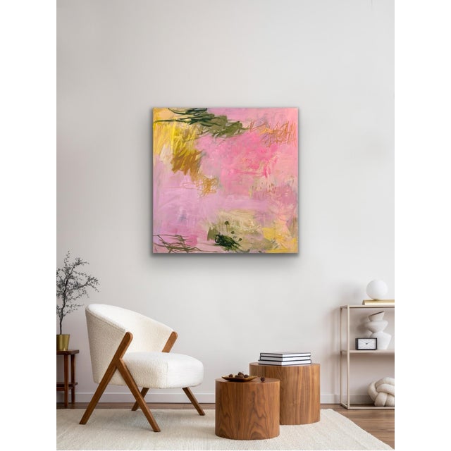 This abstract oil on canvas by Michelle Heimann celebrates color, movement, and quiet joy. Soft blush and rose pinks form...