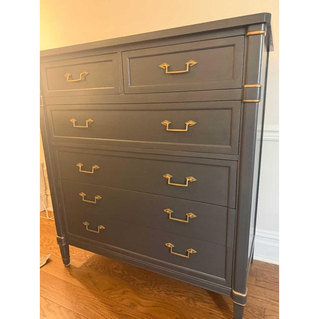 Vintage “By Drexel” Solid Wood Highboy Dresser | Charcoal Blue & Gold For Sale In New York - Image 6 of 8