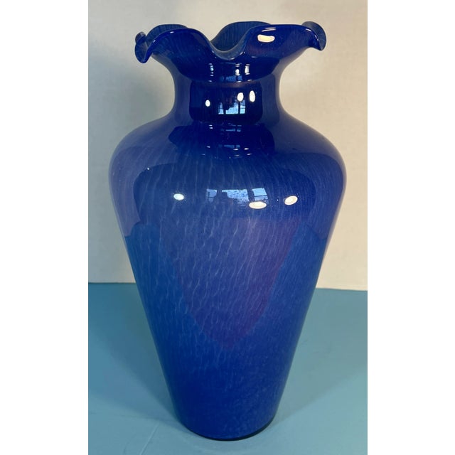 Murano Murano Blue Ruffled Art Glass Vase For Sale - Image 4 of 12