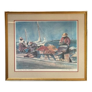 Vintage David W. Clough Signed Original Lithograph “Sunny Caribbee Market” For Sale