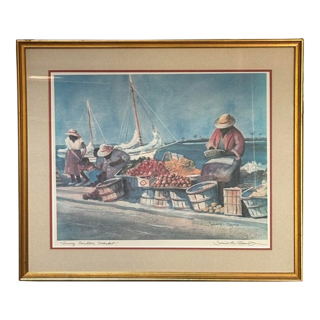 Vintage David W. Clough Signed Original Lithograph “Sunny Caribbee Market” For Sale