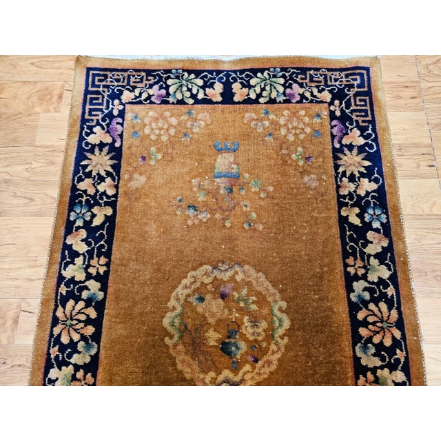 Vintage Chinese Art Deco Area Rug, Hand-Knotted Wool Pile, Tan, Dark Blue, 1920s For Sale In Chicago - Image 6 of 12