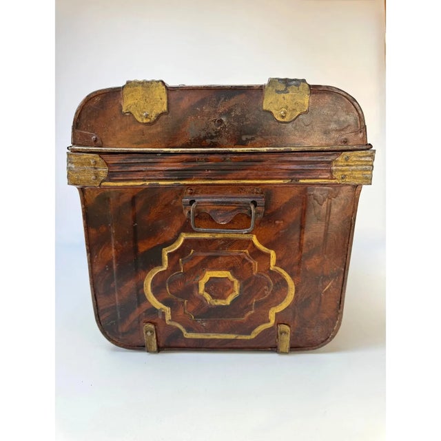 Antique Faux Bois Steel Steamer Trunk Chest Painted Wood Grain Blue Interior 23” For Sale - Image 4 of 16