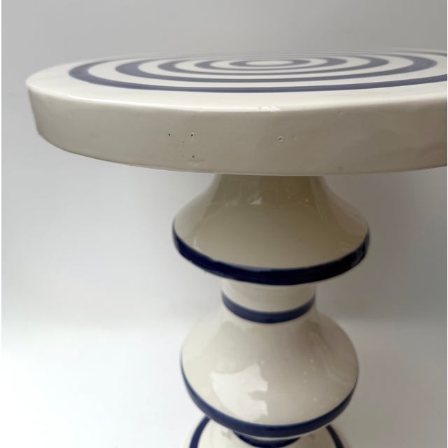 Contemporary Pair of Blue and White Ceramic Stripe Side Tables. Italy For Sale - Image 9 of 12