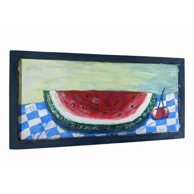 Blue Original Folk Art Watermelon Painting Framed For Sale - Image 8 of 10