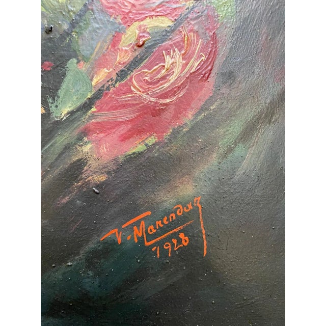 1920s V. Marendaz, Woman's Portrait with Pearl Necklace, 1928, Oil on Fiberboard For Sale - Image 5 of 6