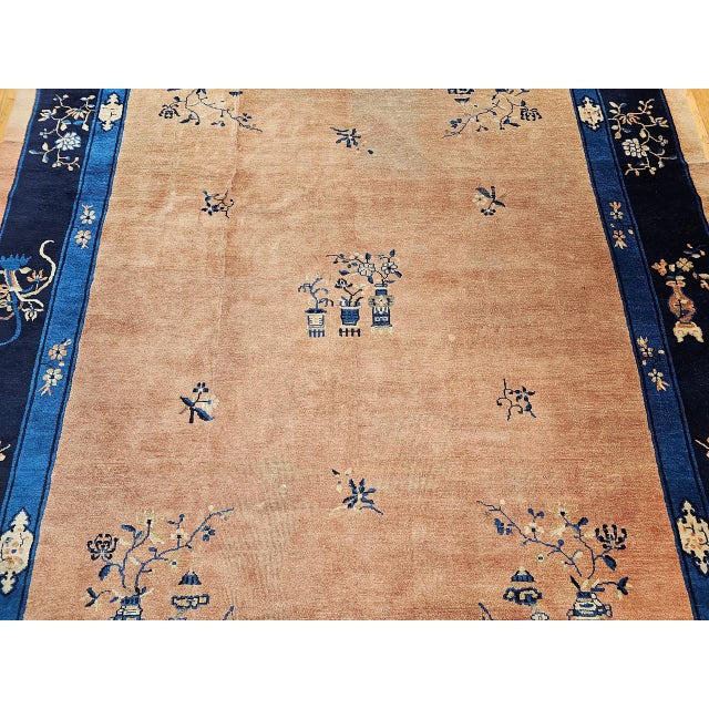Antique Chinese Peking Rug, Hand-Knotted Wool, Pale Peach, Navy, 9' x 12' For Sale - Image 14 of 18