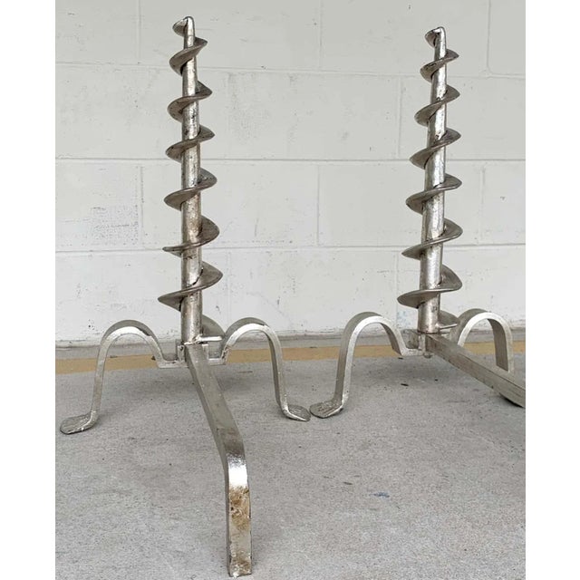 Mid 20th Century French Modern Silvered Iron Andirons - a Pair For Sale - Image 4 of 11