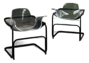 Cantilever Lounge Chairs in Acrylic, Leather and Steel by Paolo Tilche for Arform Brasil, 1970s, Set of 2