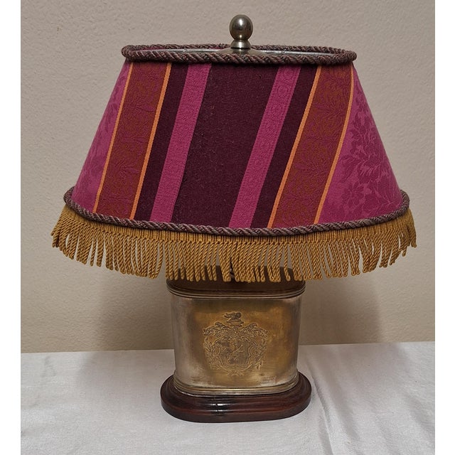 Vintage Table Lamp with Silver-Plated Oval Metal Base and Fabric Shade, 1950s For Sale - Image 4 of 12