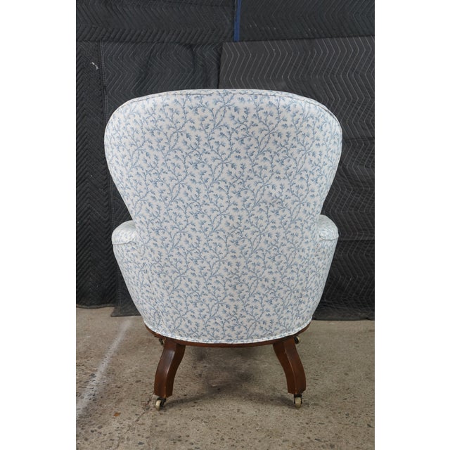 Antique Victorian Carved Walnut Spoon-Back Blue Floral Salon Armchair C. 1880s For Sale - Image 15 of 18