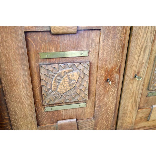 1930s French Art Deco Oak and Brass Sideboard with Carved Reliefs, 1930s For Sale - Image 5 of 18