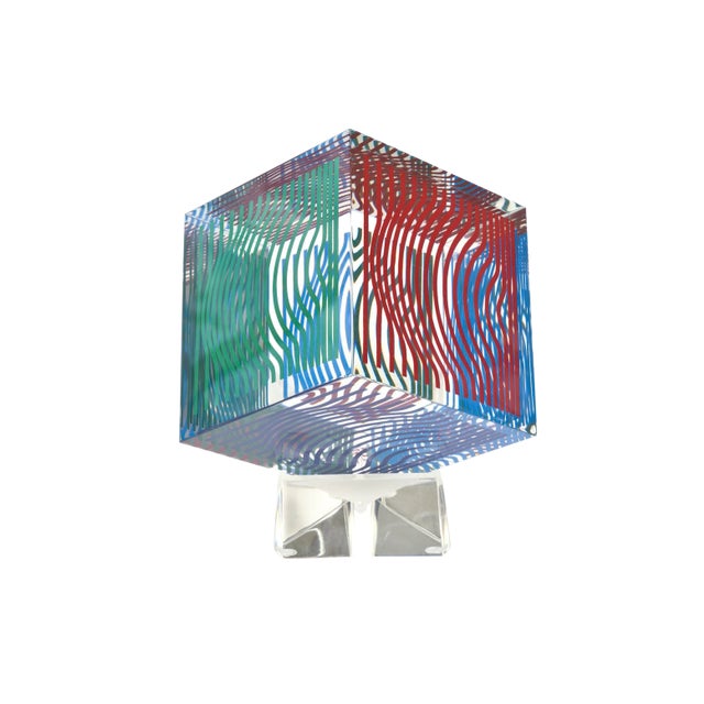 Vintage Victor Vasarely Op Art Silkscreen Acrylic Sculpture on Lucite Base Red, Blue, Green, 1970's For Sale