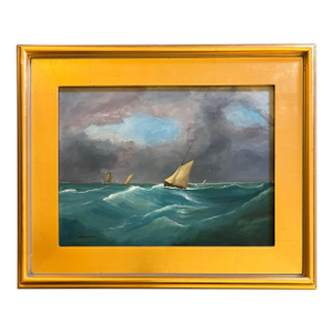 Sailboat in Stormy Seas, Original Painting by Satori Gregorakis, Framed