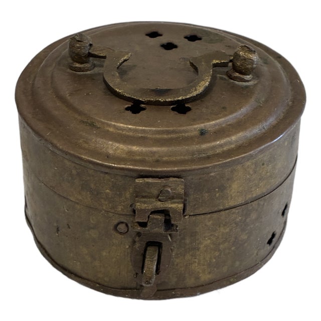 Vintage Indian Brass Cricket Box or Incense Burner With Pierced Lid For Sale