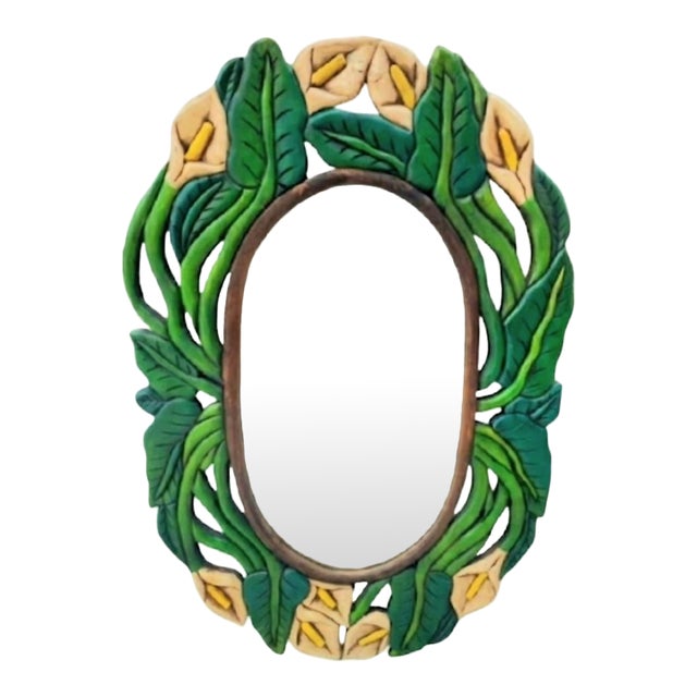 Carved Wood Tropical Folk Art Calalily Green Leaf Oval Wall Mirror For Sale