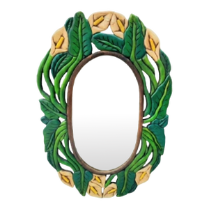 Carved Wood Tropical Folk Art Calalily Green Leaf Oval Wall Mirror