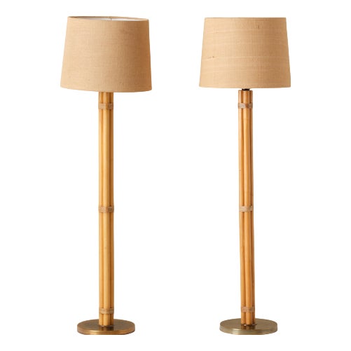 Swedish Brass and Bamboo Floor Lamps attributed to Bergboms, 1970s, Set of 2 For Sale