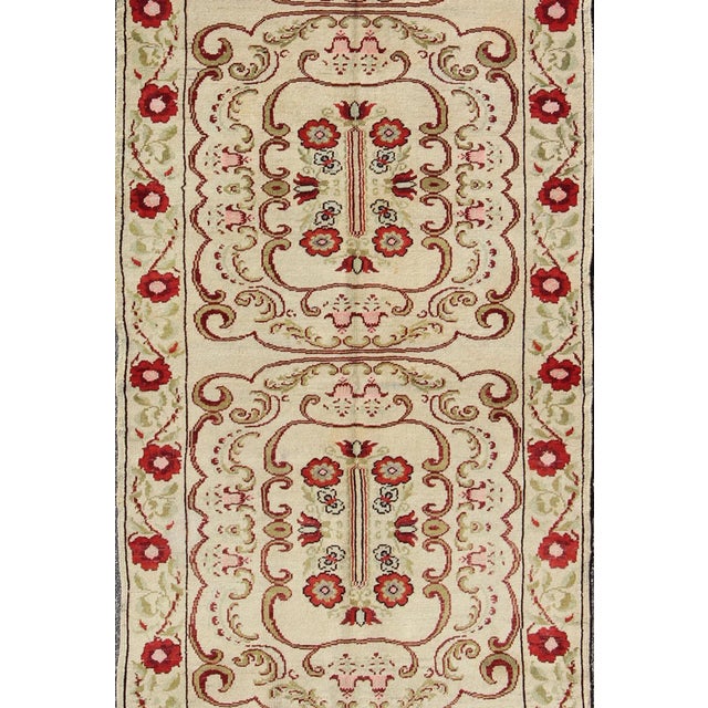 Vintage Turkish Runner With Floral Deco Design in Cream and Red and Green For Sale - Image 4 of 9