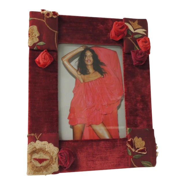 Vintage Red Velvet and Suzani Embroidery Decorative Picture Frame For Sale
