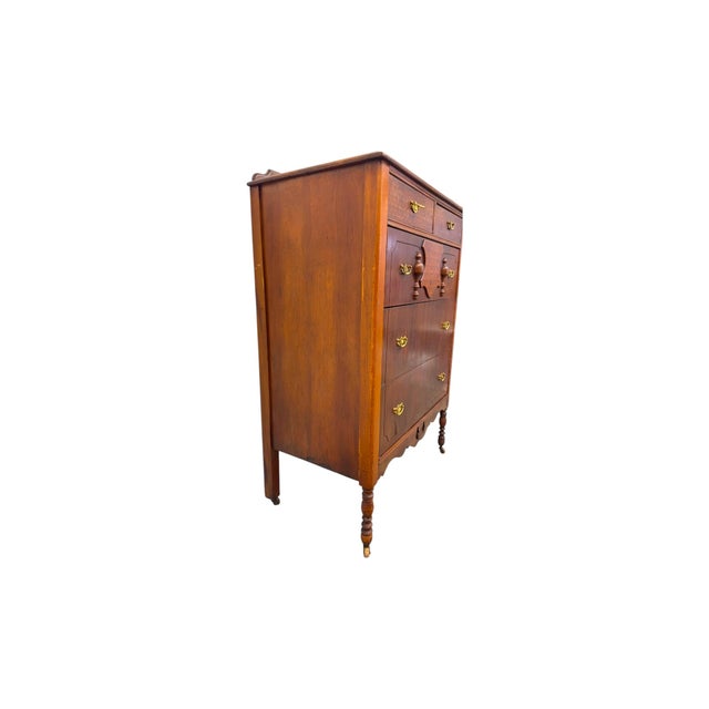 Brown Vintage 5-Drawer Tallboy Dresser – Vintage Chest of Drawers With Dovetail Joinery and Casters. For Sale - Image 8 of 9