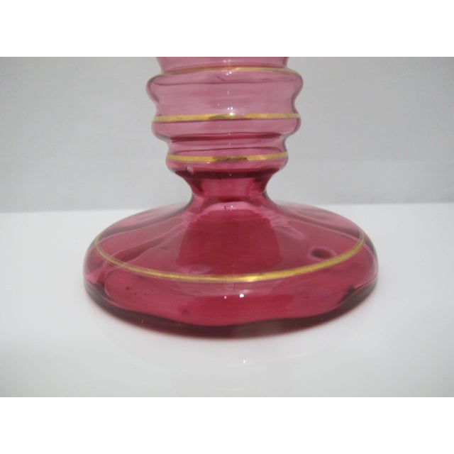 Mary Gregory Czech Red Glass Painted Enamel Boy With Bird Skinny Bud Vase For Sale - Image 9 of 10