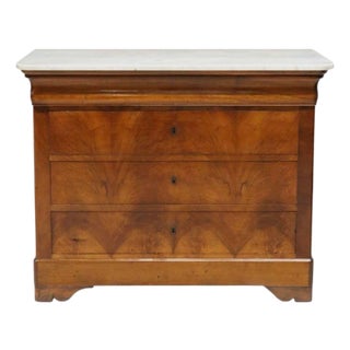 Antique French Louis Philippe Carrara Marble-Top Commode – 19th Century Burled Wood Chest of Drawers For Sale
