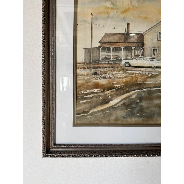 Wood 1970s Jamie McElhiney Original Farmhouse Landscape Watercolor Painting, Framed For Sale - Image 7 of 12
