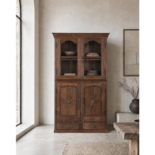 Antique Indian Glass Armoire | Teak Wood Cabinet | Vintage Glass Display Cabinet | Rustic Home Decor For Sale - Image 6 of 6