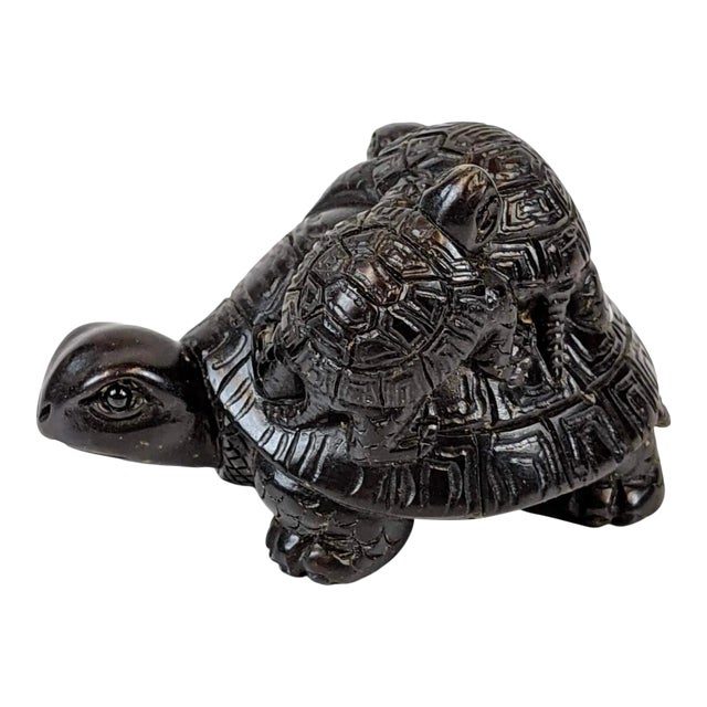 Late 20th Century Hand Carved Miniature Carving of a Mother Turtle and Two Baby Turtles For Sale