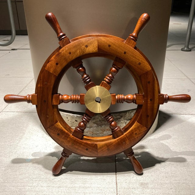 Mid 20th Century Scandinavian Solid Teak Yacht Wheel With Heavy Brass Hub For Sale - Image 13 of 13
