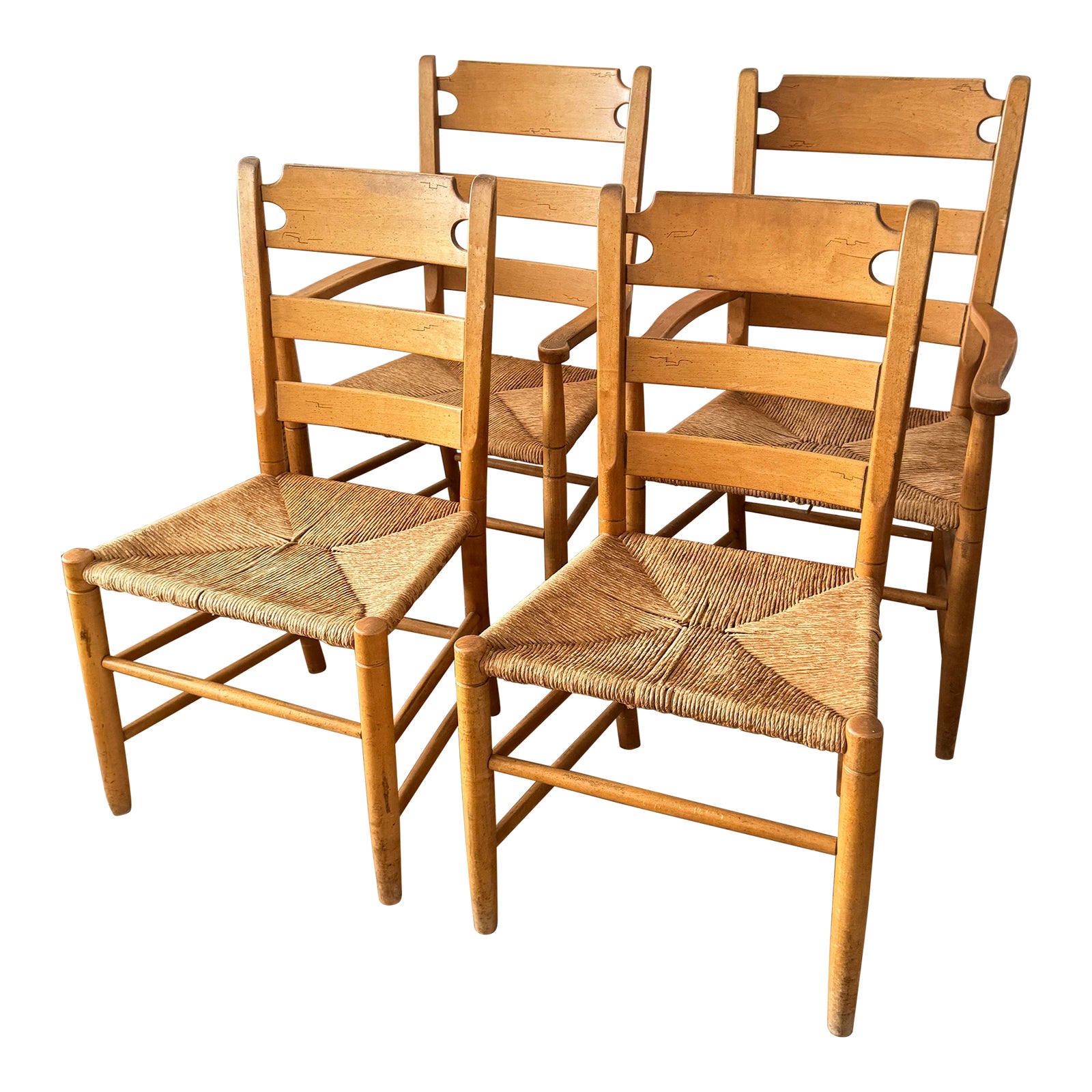 Late 20th Century A Set of Four Rustic Vintage Oak and Rush Seat Dining ...