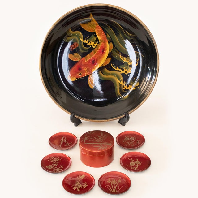 C. 1980s Japanese Lacquered Tray and Set of 6 Coasters in Box - 9 Pieces For Sale - Image 18 of 18