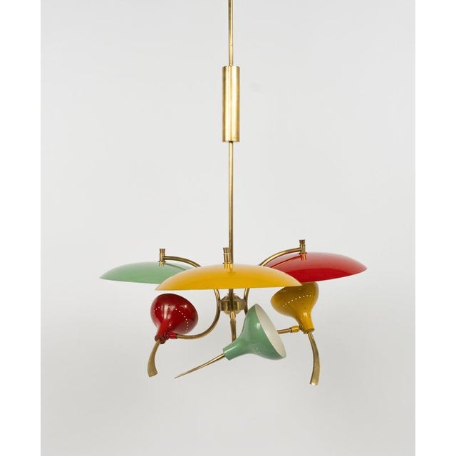 Mid-Century Chandelier in Enamel Metal and Brass in the style of Stilnovo, Italy, 1950s For Sale - Image 14 of 17