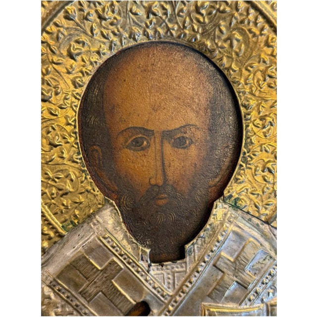 Silver 19th Century Saint Nicholas Icon With Repoussé Oklad For Sale - Image 8 of 8