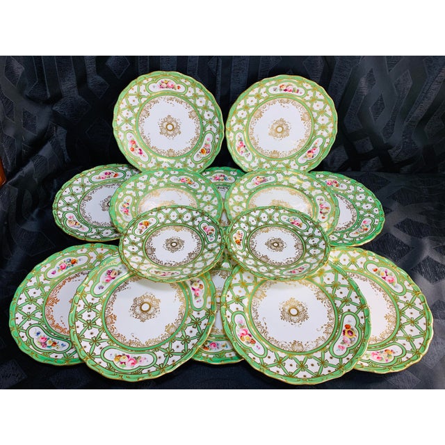 Emerald Early 19th Century Rare Green and Gold Floral Davenport Longfort Staffordshire Plates - Set of 14 For Sale - Image 8 of 11