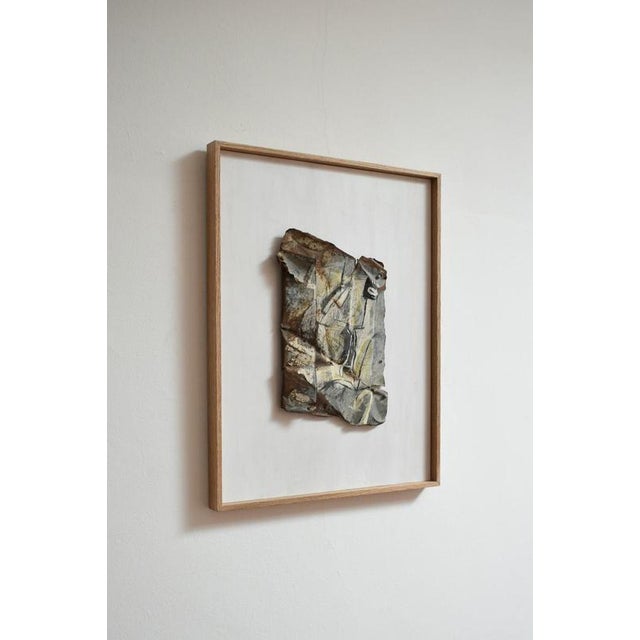 Mixed media artwork painting on metal, by Gen, 1980s. Mixed media on metal artwork, fixed on a white painted wooden panel...