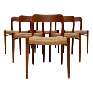 Vintage Danish Teak and Papercord Dining Chairs by Niels O. Møller for JL Møller, 1950s, Set of 6 For Sale