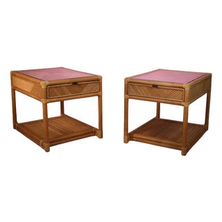 Pair of Split Rattan Nightstands With Drawer For Sale